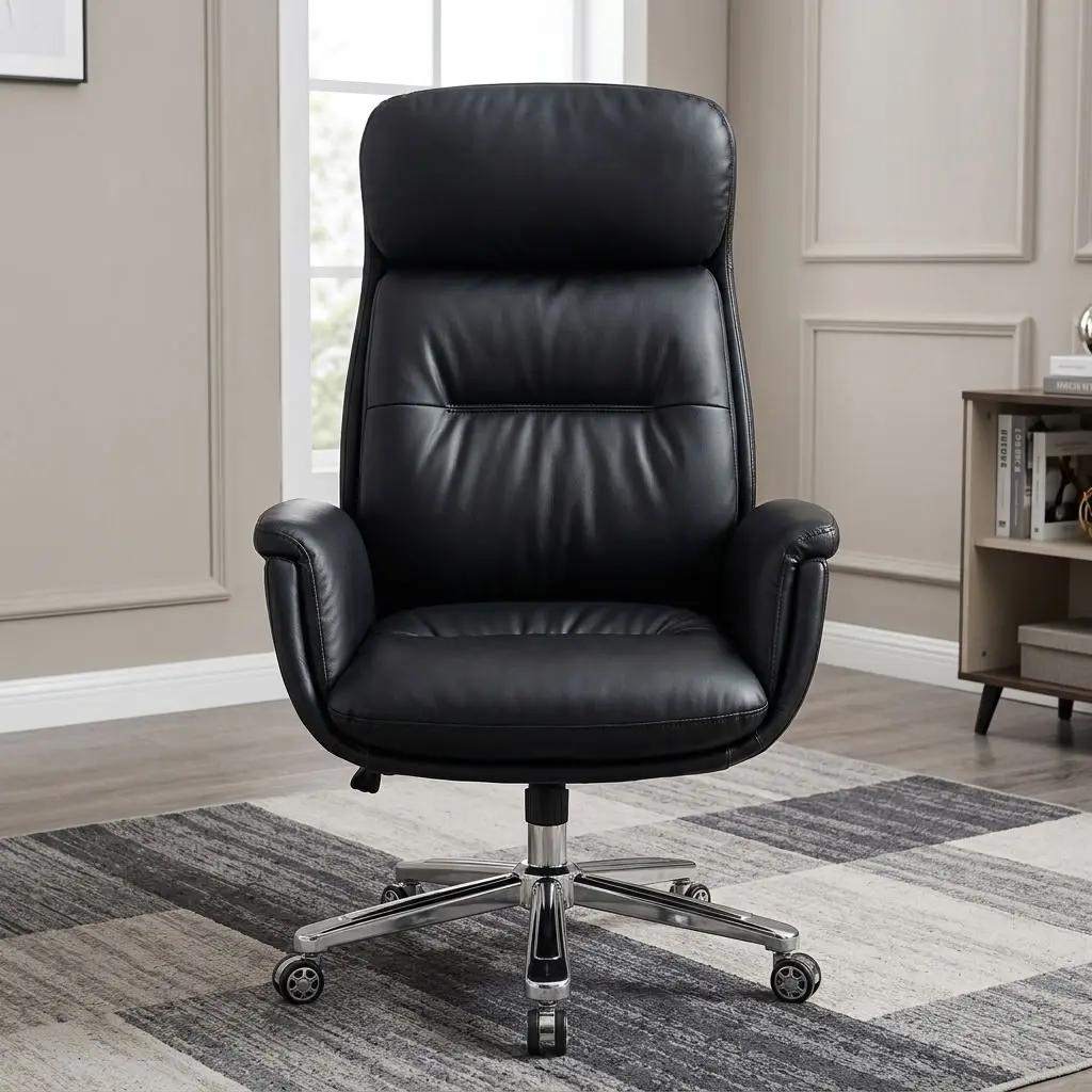 An Ergonomic Leather Office Swivel Chair featuring high-back black leather cushioning, padded armrests, and a polished chrome 5-star swivel mobile base.