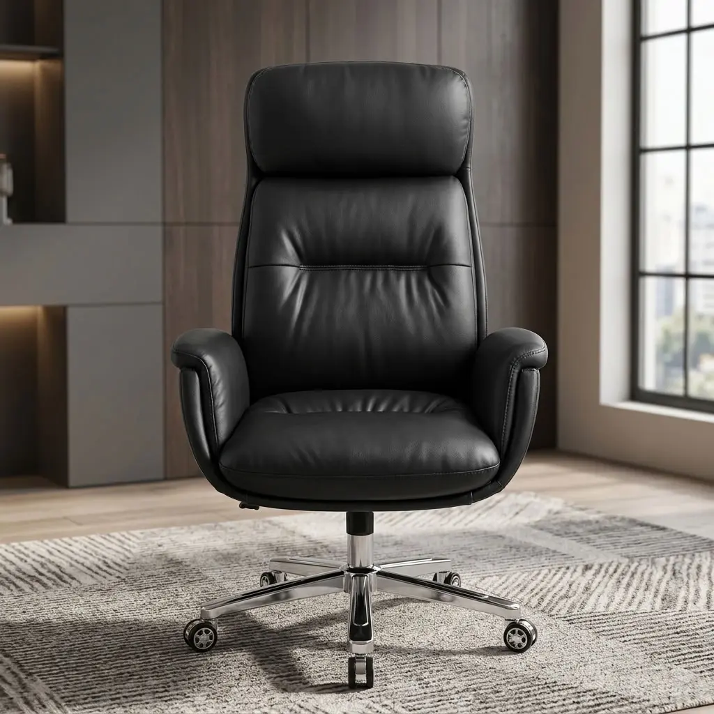 An Ergonomic Leather Office Swivel Chair featuring high-back black leather cushioning, padded armrests, and a polished chrome 5-star swivel mobile base.