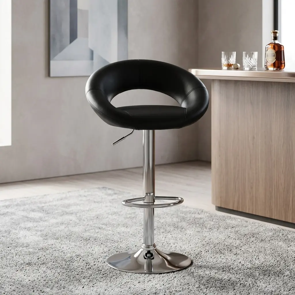A premium Barstool with Adjustable Height featuring a crescent-shaped black leatherette seat, a polished chrome central pillar with a footrest, and a circular base.