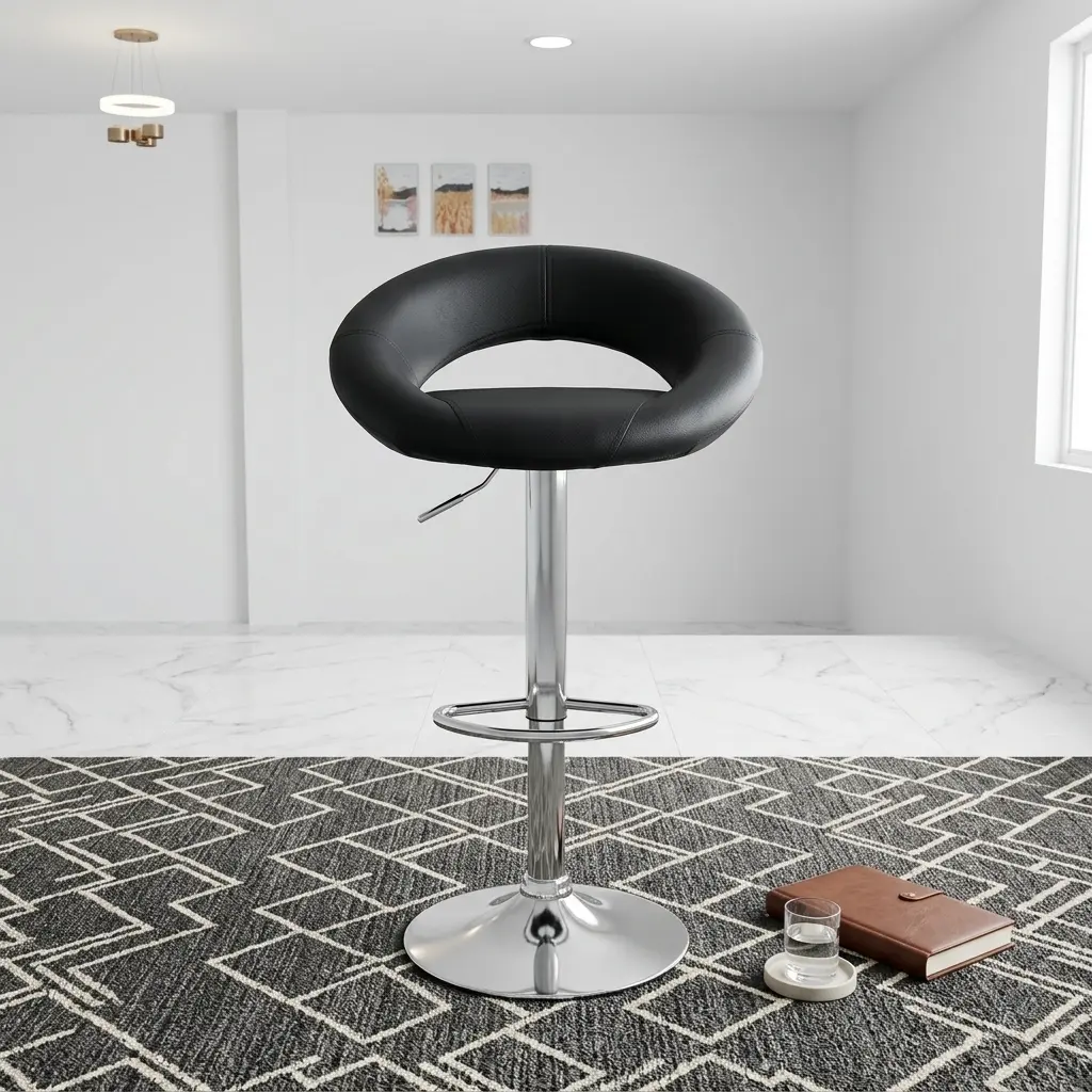 A premium Barstool with Adjustable Height featuring a crescent-shaped black leatherette seat, a polished chrome central pillar with a footrest, and a circular base.