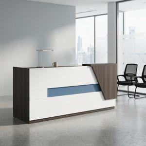 2 meters reception desk with white and wood-tone finish and modern design