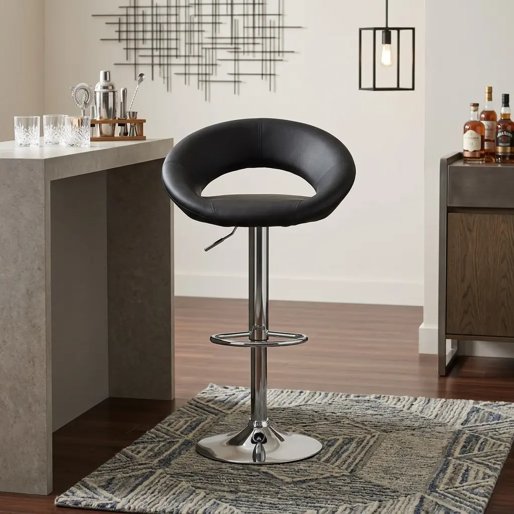 A premium Barstool with Adjustable Height featuring a crescent-shaped black leatherette seat, a polished chrome central pillar with a footrest, and a circular base.
