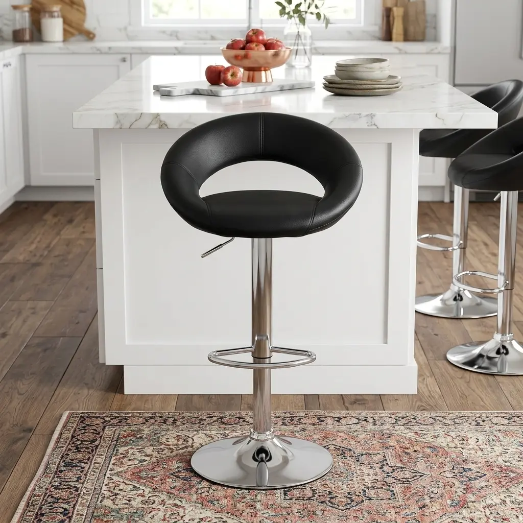 A premium Barstool with Adjustable Height featuring a crescent-shaped black leatherette seat, a polished chrome central pillar with a footrest, and a circular base.