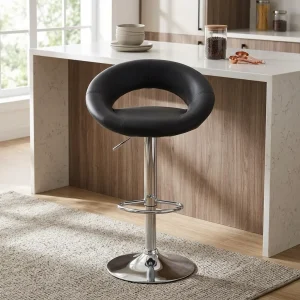 A premium Barstool with Adjustable Height featuring a crescent-shaped black leatherette seat, a polished chrome central pillar with a footrest, and a circular base.