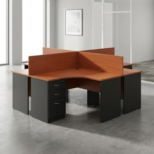 L-shaped 4-way office workstation with partitions and lockable drawersL-shaped 4-way office workstation with partitions and lockable drawers