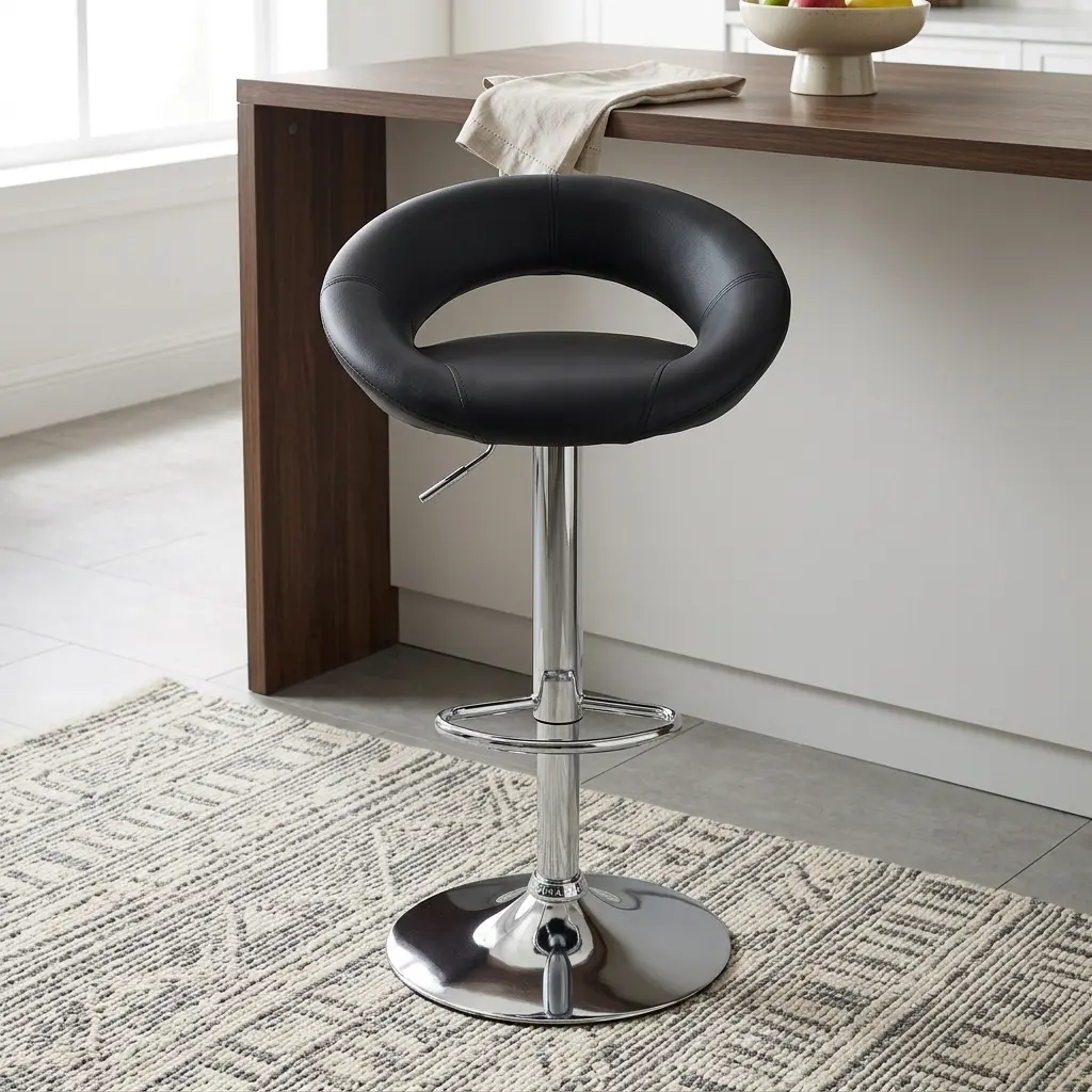 A premium Barstool with Adjustable Height featuring a crescent-shaped black leatherette seat, a polished chrome central pillar with a footrest, and a circular base.