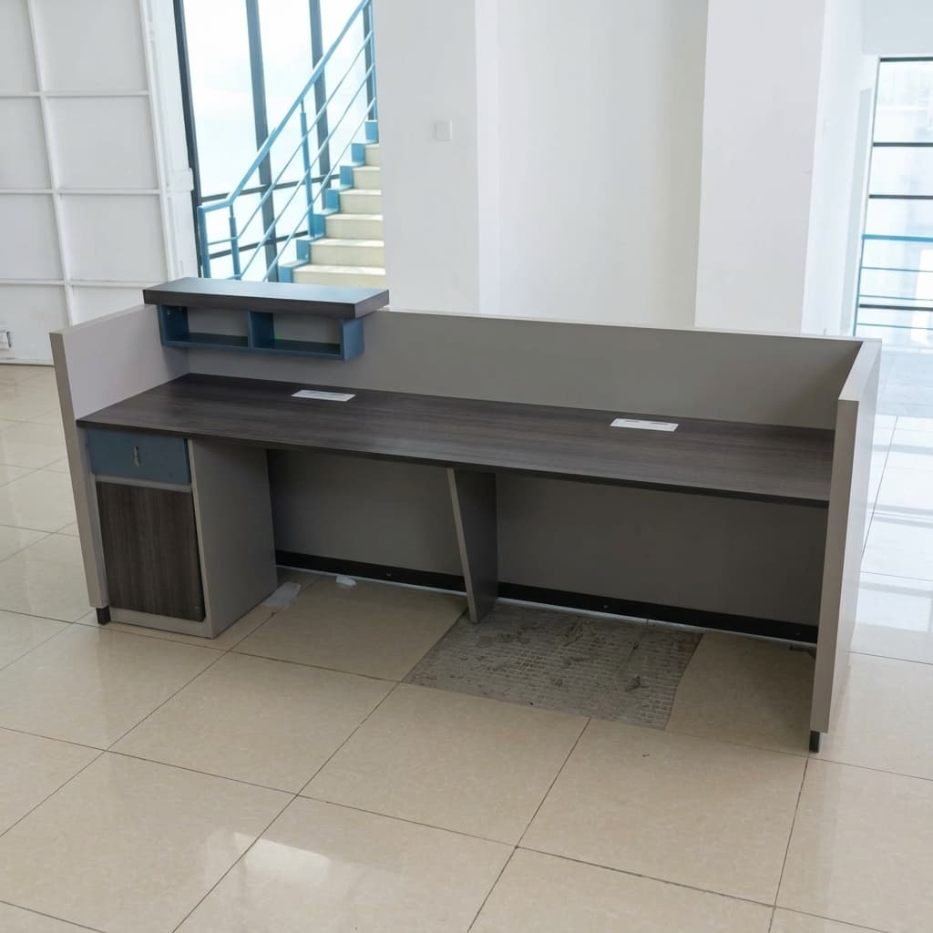 2 meters reception desk with white and wood-tone finish and modern design