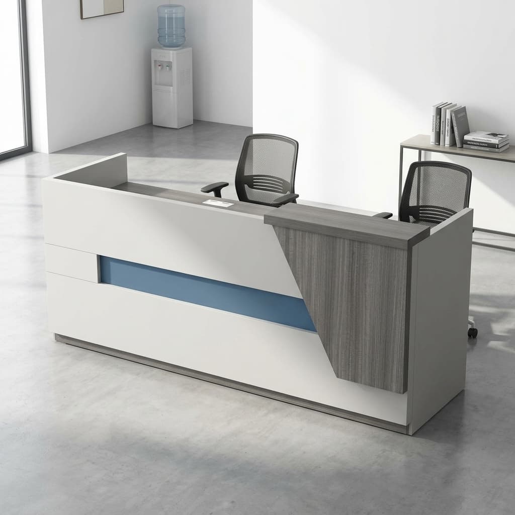 2 meters reception desk with white and wood-tone finish and modern design