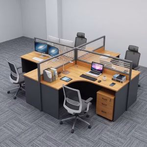 An L-Shaped 4-Way Office Workstation featuring cherry-finished wood tops, charcoal privacy dividers with frosted slatted glass inserts, and four under-desk pedestals.