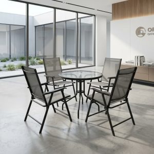 Outdoor folding patio sling set with glass table and foldable mesh chairs