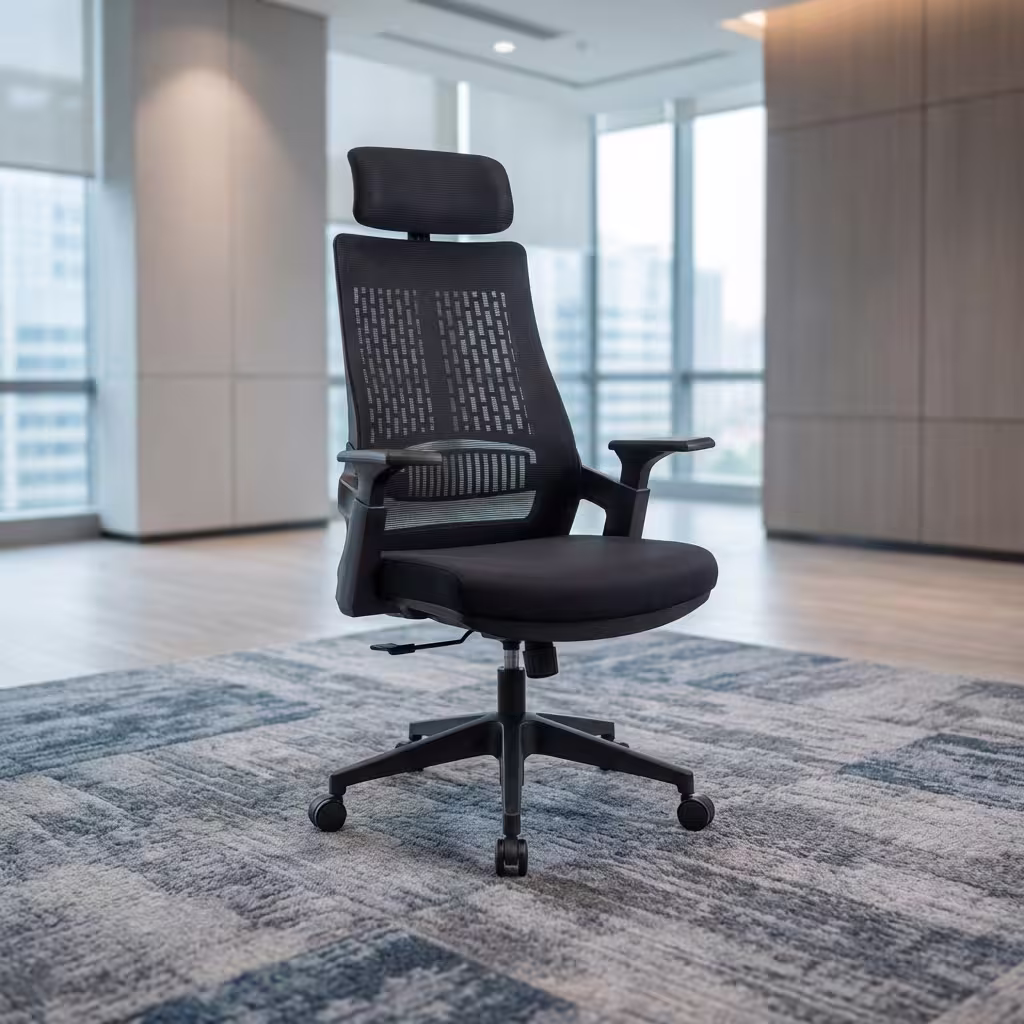 A High Back Mesh Ergonomic Office Seat featuring a black high-back breathable mesh backrest, front-and-back adjustable armrests, and a 5-star mobile base.