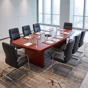 A 2.4M Boardroom Conference Table featuring a rich cherry wood finish, a seamless rectangular top with no grommet, and thick panel legs.