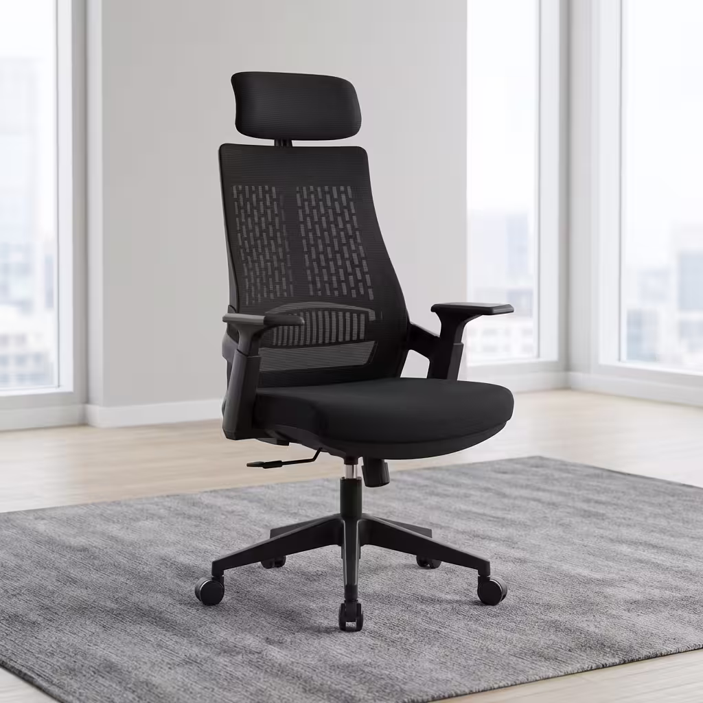 A High Back Mesh Ergonomic Office Seat featuring a black high-back breathable mesh backrest, front-and-back adjustable armrests, and a 5-star mobile base.