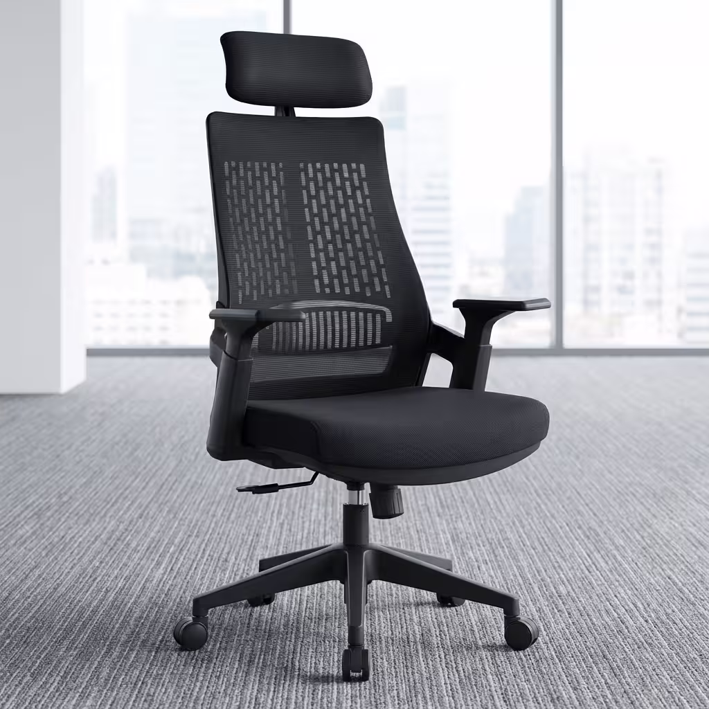 A High Back Mesh Ergonomic Office Seat featuring a black high-back breathable mesh backrest, front-and-back adjustable armrests, and a 5-star mobile base.