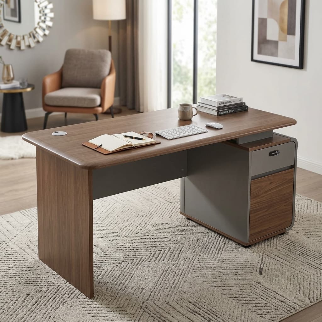 1.4m Small Office Desk with spacious wood-effect desktop, integrated storage unit and drawers for compact office workspaces.