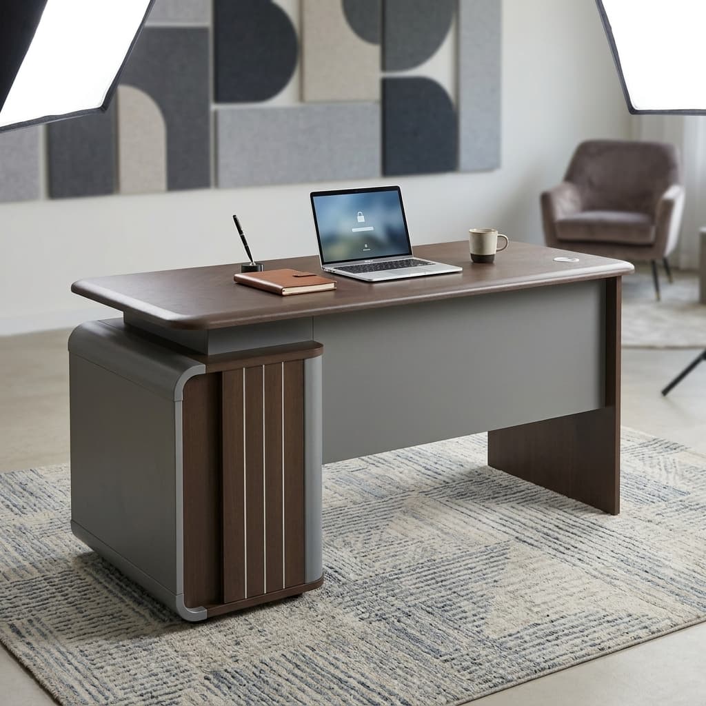 1.4m Small Office Desk with spacious wood-effect desktop, integrated storage unit and drawers for compact office workspaces.