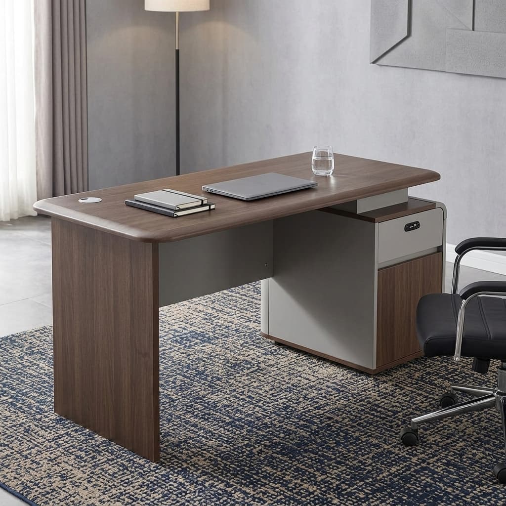 1.4m Small Office Desk with spacious wood-effect desktop, integrated storage unit and drawers for compact office workspaces.