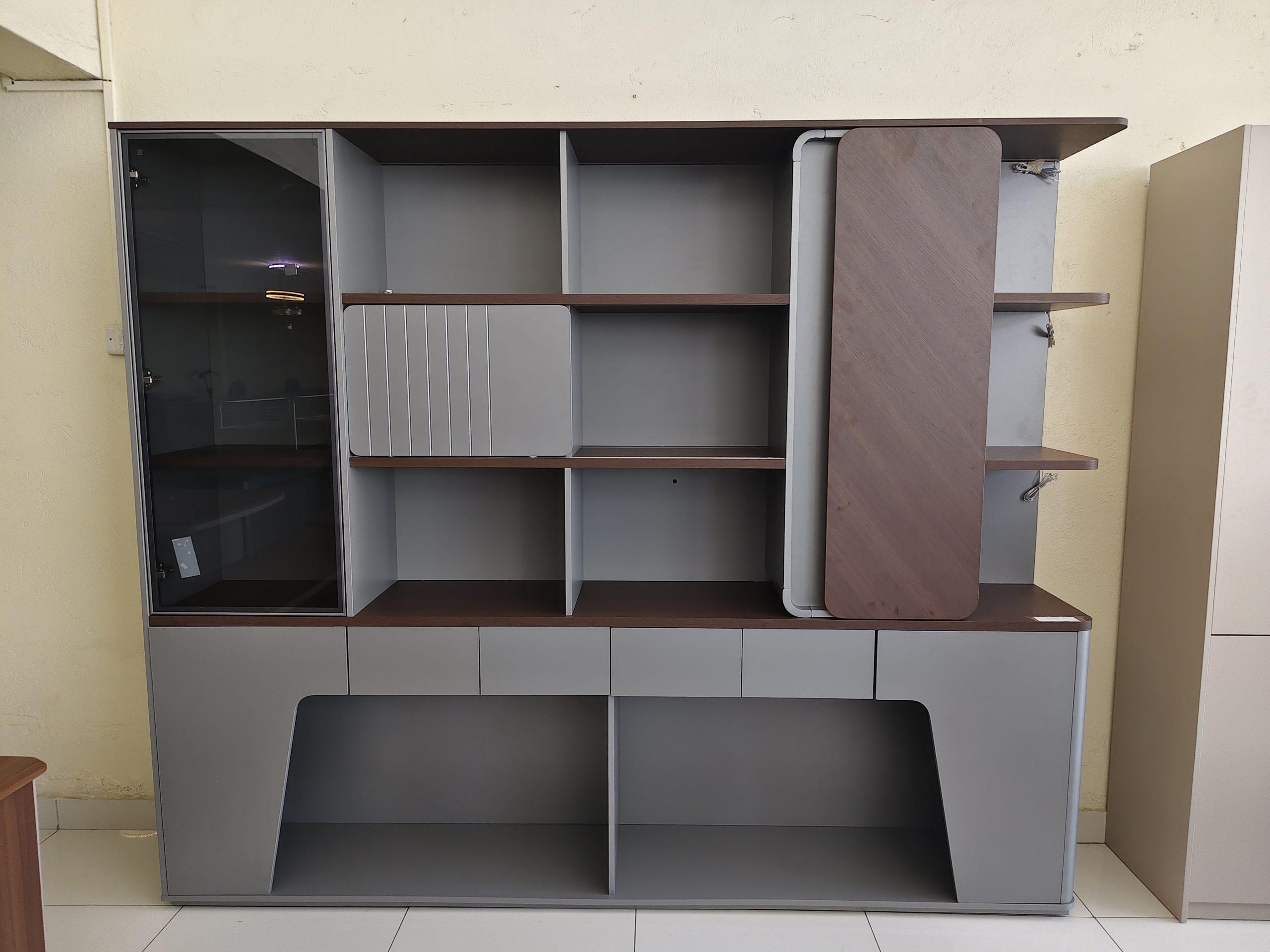 Onyx Executive Office Back Cabinet with LED lighting in Boya Wood Grain and Meteorite Grey finish