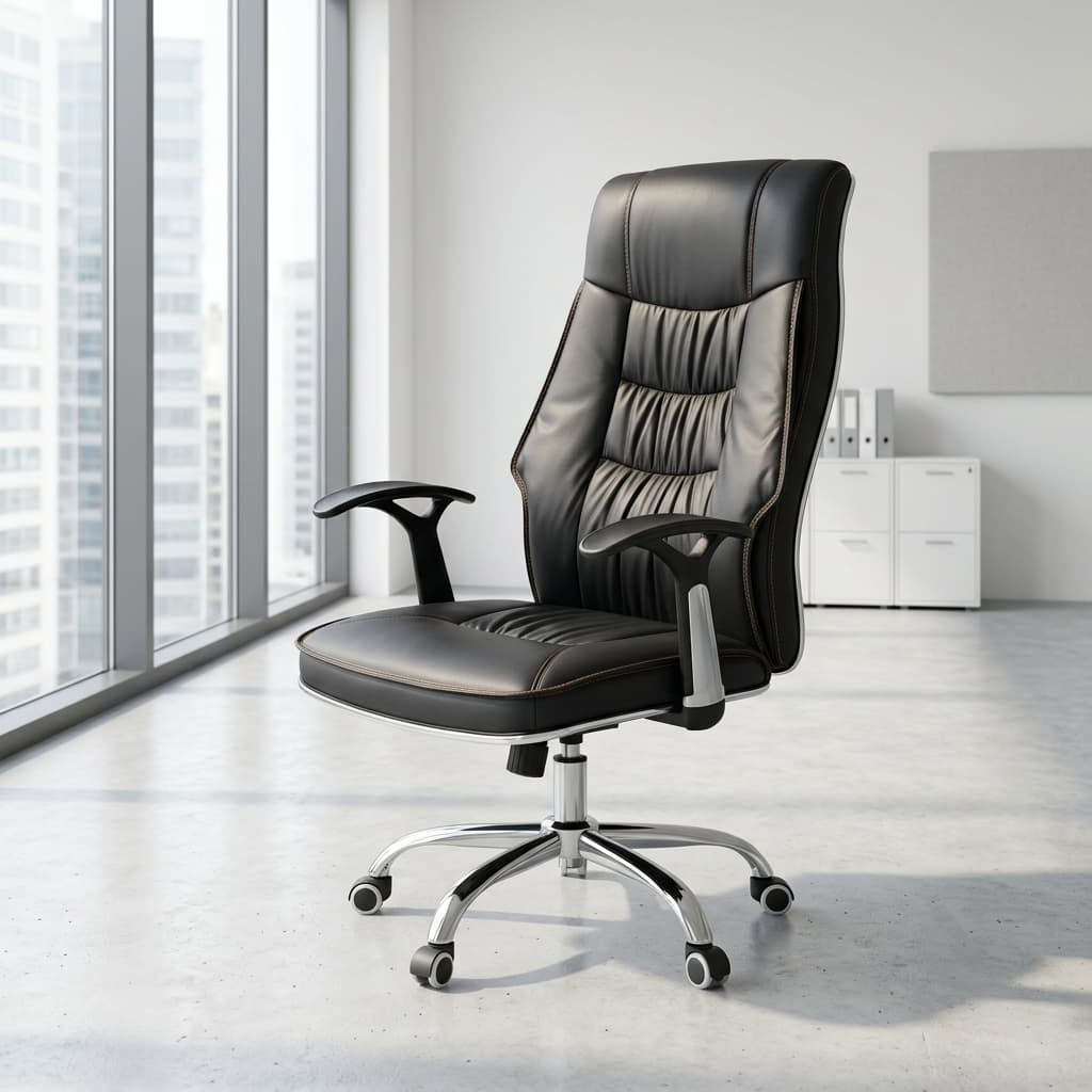 Ergonomic leather executive office chair with high back and chrome swivel base