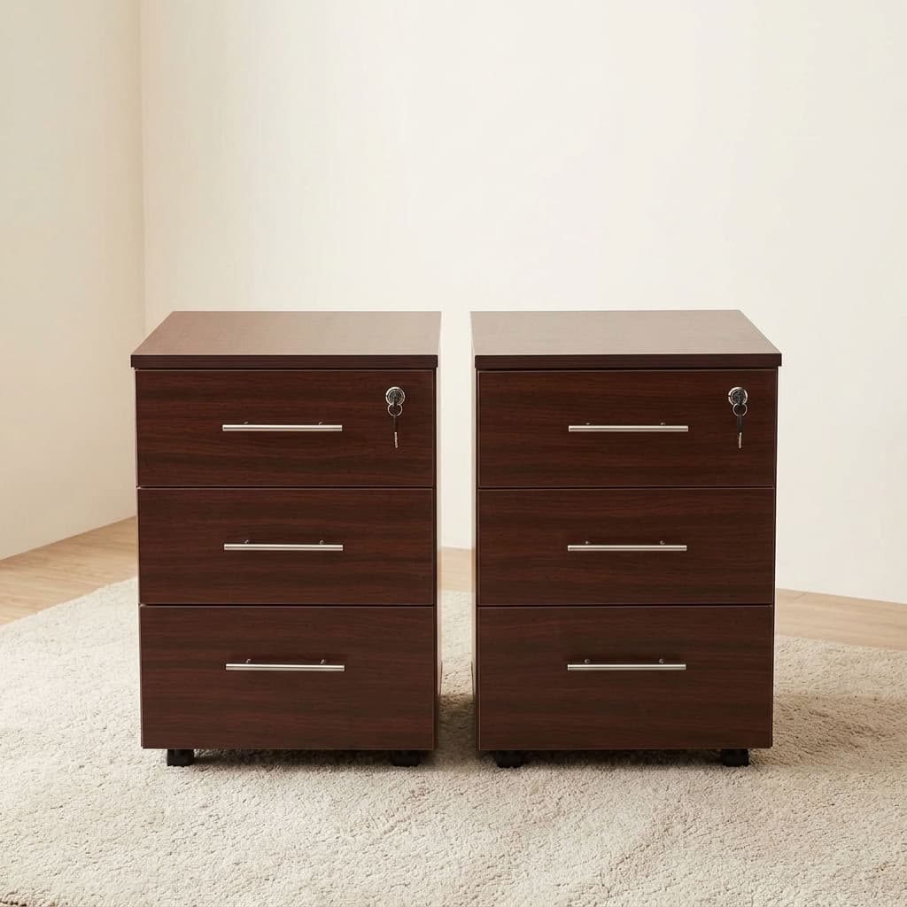 Dark Walnut Mobile Pedestal with 3 Drawers and Lockable Top Drawer