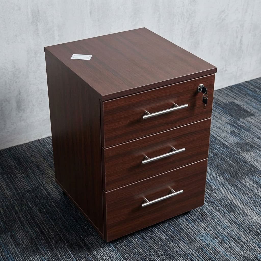 Dark Walnut Mobile Pedestal with 3 Drawers and Lockable Top Drawer
