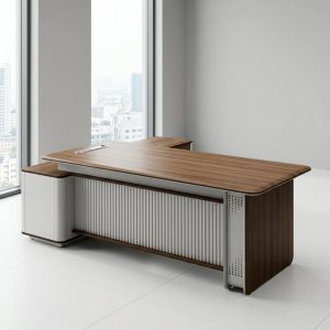 2M Director L-Shape Executive Desk with side storage unit and integrated power ports