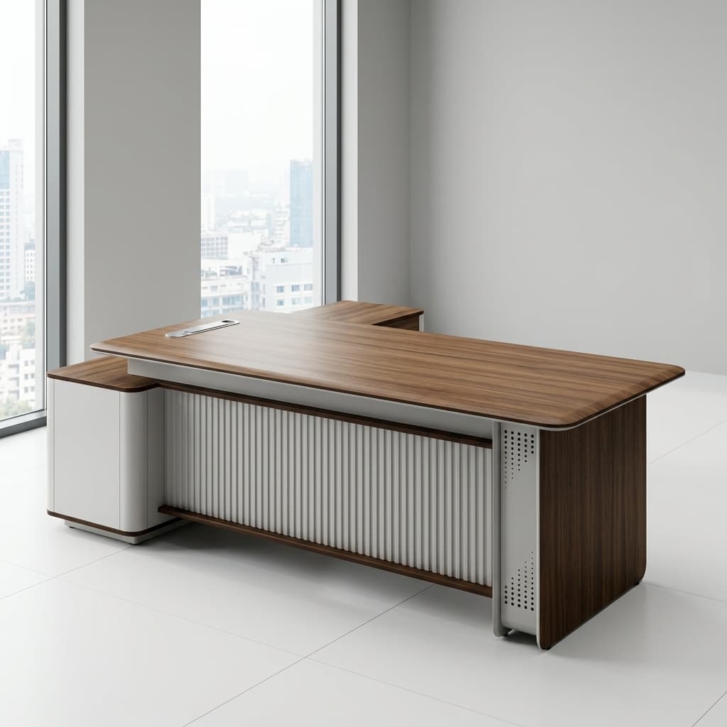 2M Director L-Shape Executive Desk with side storage unit and integrated power ports