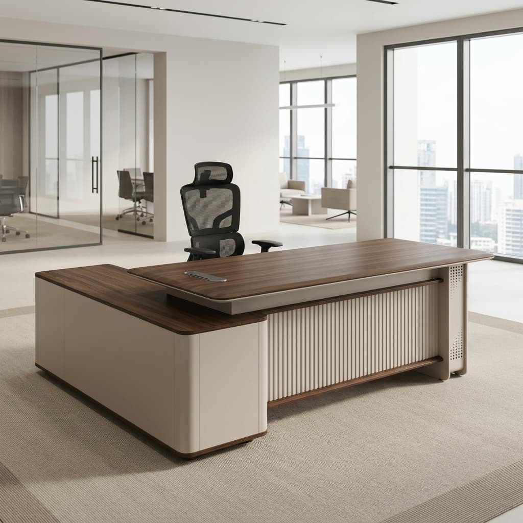 2M Director L-Shape Executive Desk with side storage unit and integrated power ports