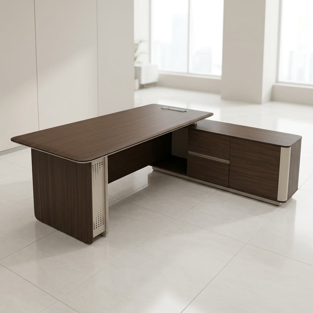 2M Director L-Shape Executive Desk with side storage unit and integrated power ports