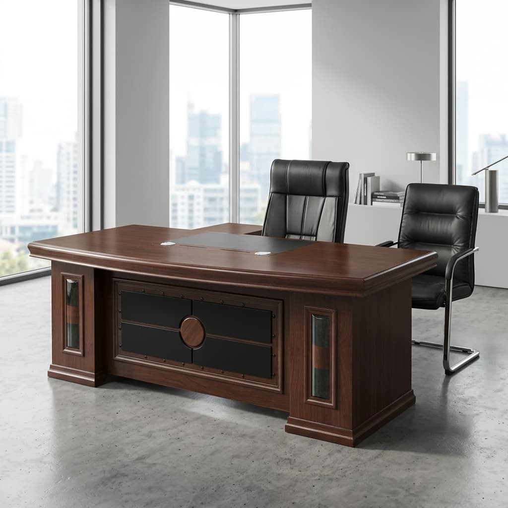 2.0m dark walnut executive office desk with movable side return and mobile pedestal