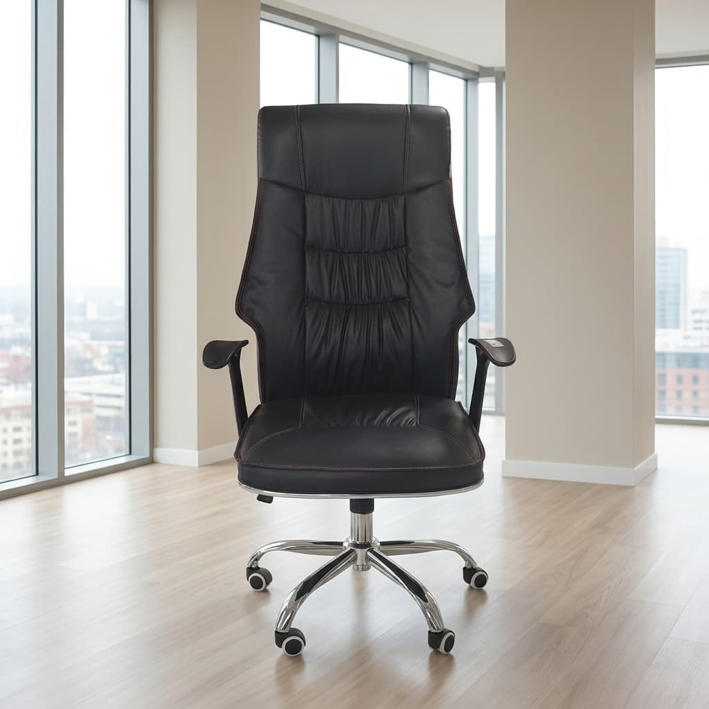 Ergonomic leather executive office chair with high back and chrome swivel base