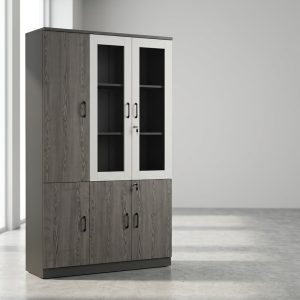 Half glass office filing cabinet with lockable glass doors and storage cupboards
