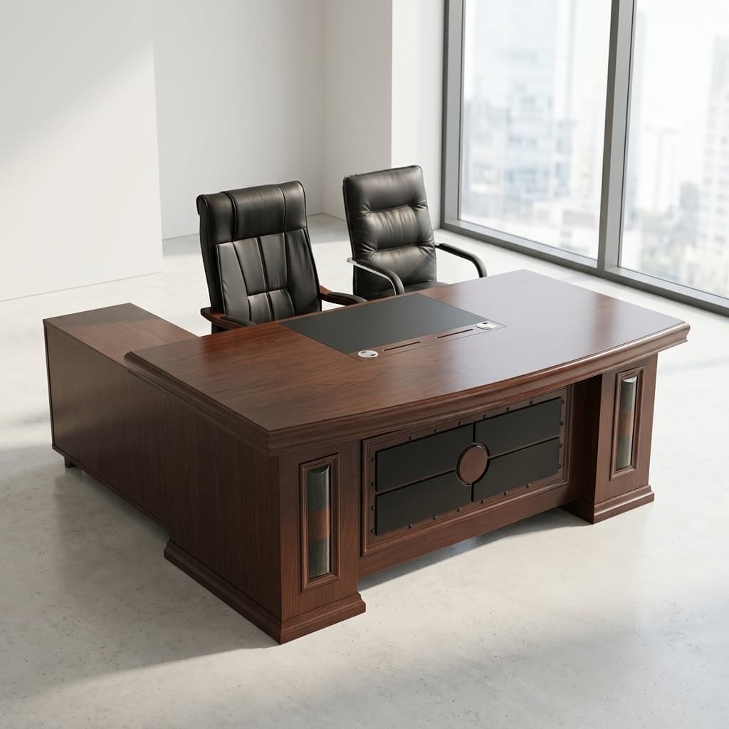 2.0m dark walnut executive office desk with movable side return and mobile pedestal