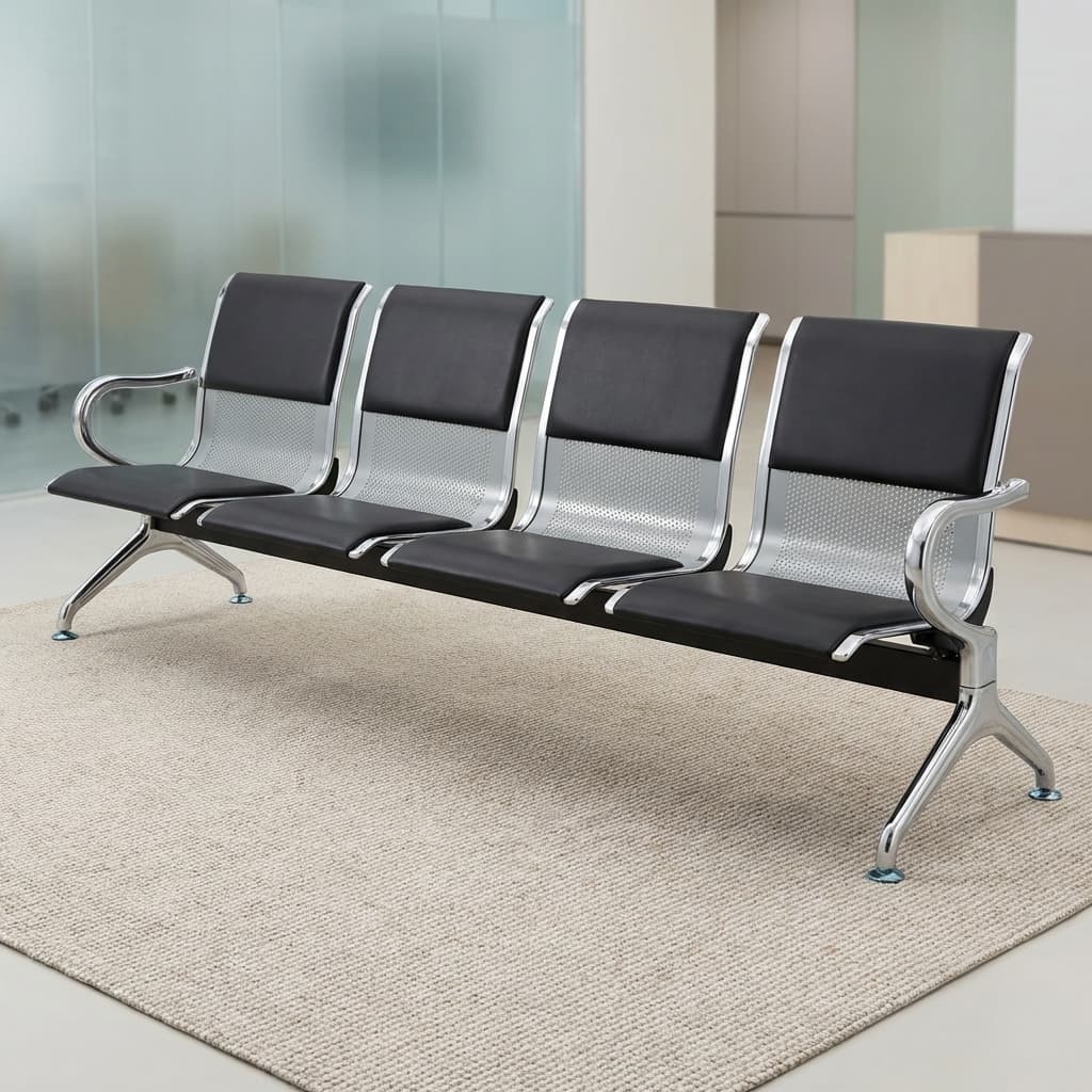 Four-Seat Waiting Bench with Padded Black Seats and Metal Backrests