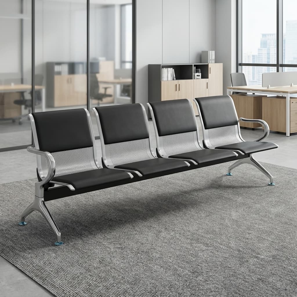 Four-Seat Waiting Bench with Padded Black Seats and Metal Backrests