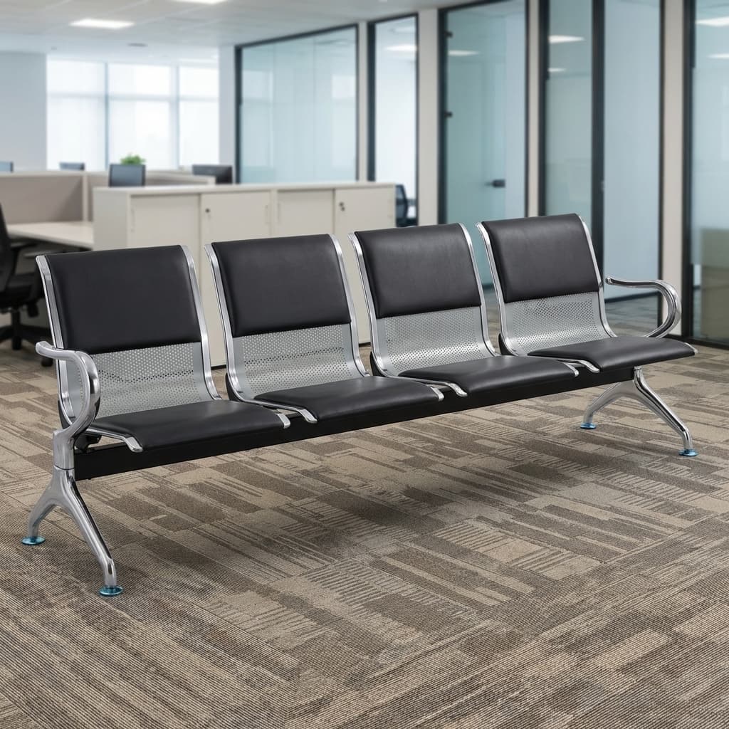 Four-Seat Waiting Bench with Padded Black Seats and Metal Backrests