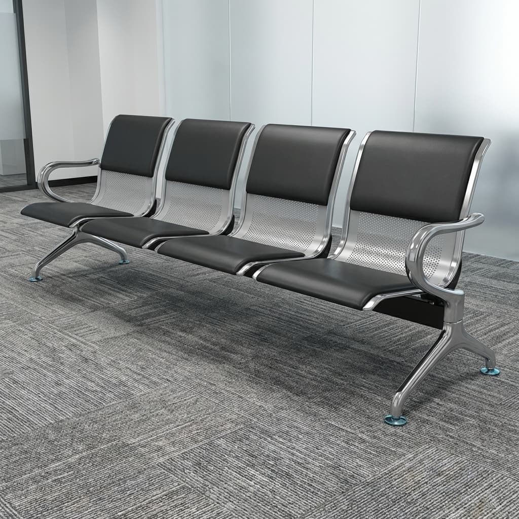 Four-Seat Waiting Bench with Padded Black Seats and Metal Backrests