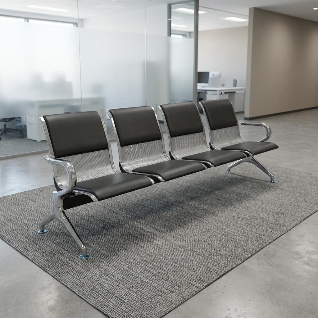 Four-Seat Waiting Bench with Padded Black Seats and Metal Backrests