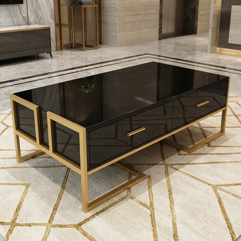 Black Gold Executive Coffee Table with Black Glass Top and Storage Drawers