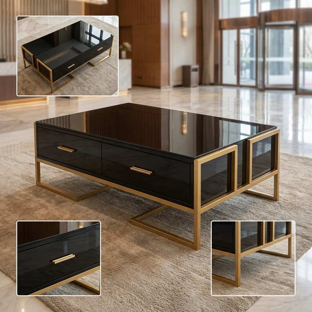 Black Gold Executive Coffee Table with Black Glass Top and Storage Drawers