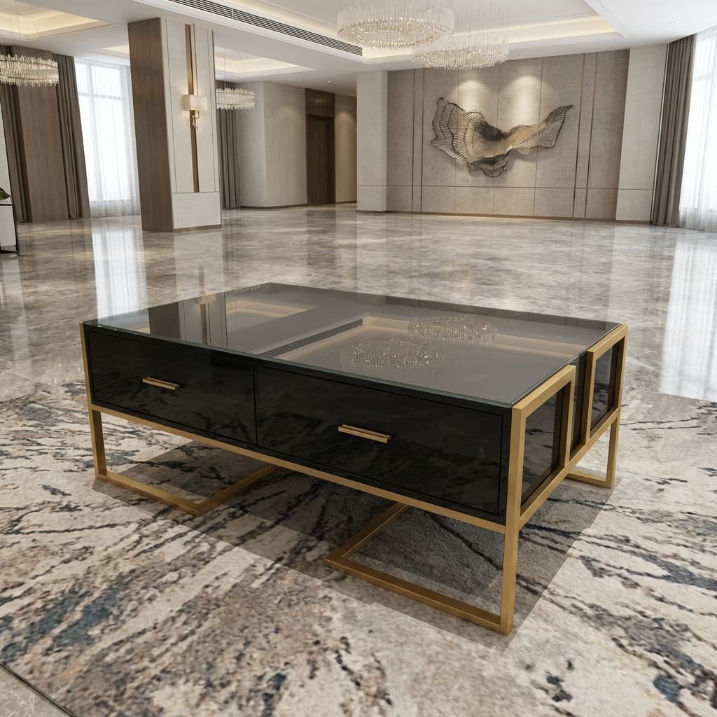 Black Gold Executive Coffee Table with Black Glass Top and Storage Drawers