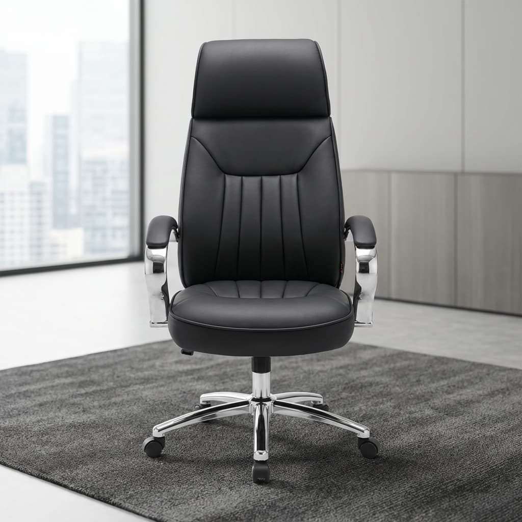 Black Leather Executive Chair with high back, padded seat, reclining function, chrome base and supportive armrests for executive office use.