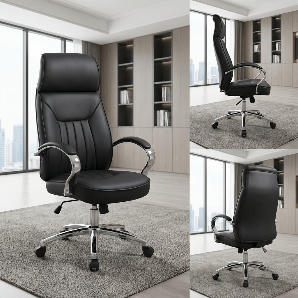 Black Leather Executive Chair with high back, padded seat, reclining function, chrome base and supportive armrests for executive office use.