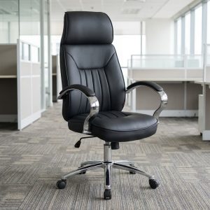 Black Leather Executive Chair with high back, padded seat, reclining function, chrome base and supportive armrests for executive office use.