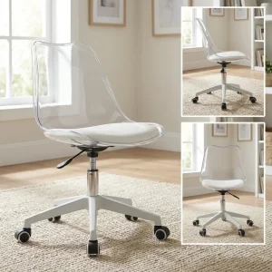 A Clear Acrylic Desk Chair featuring a transparent contoured shell, an integrated white seat cushion, a white metal 5-star base, and a lift lever.