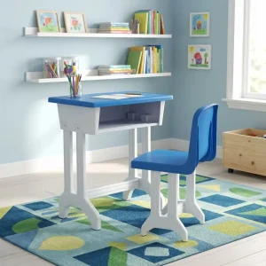 Study Table and Chair Set with Blue Desktop and Built-In Storage
