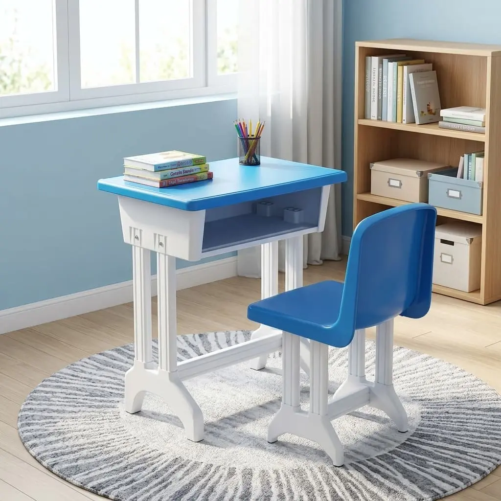 Study Table and Chair Set with Blue Desktop and Built-In Storage