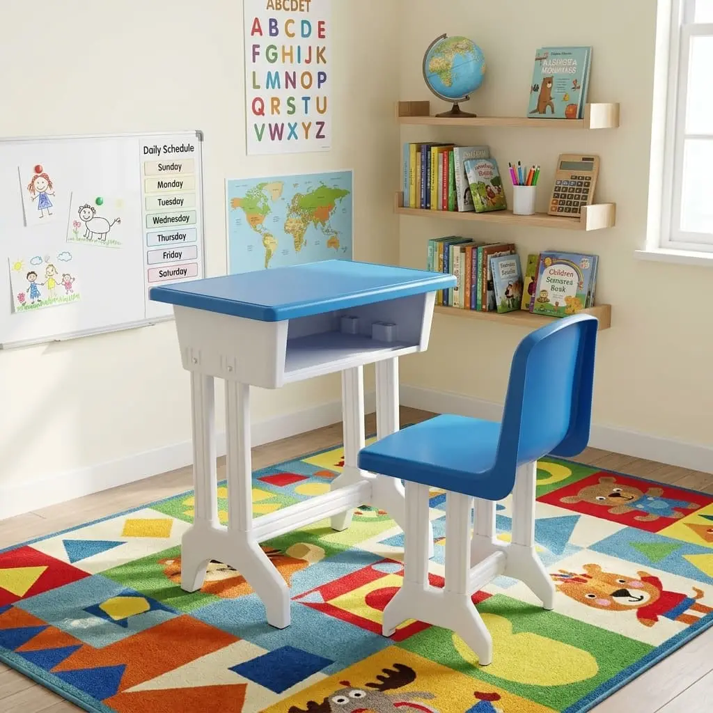 Study Table and Chair Set with Blue Desktop and Built-In Storage