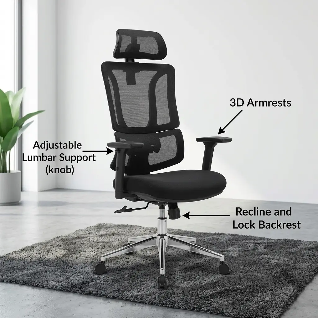 Office Chair With Adjustable Lumbar Support, 3D Armrests and Headrest