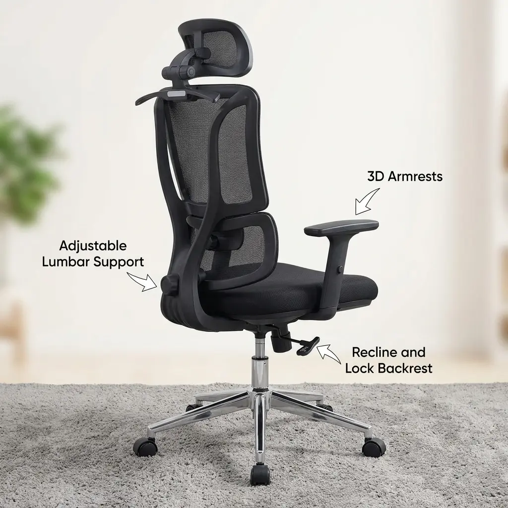 Office Chair With Adjustable Lumbar Support, 3D Armrests and Headrest